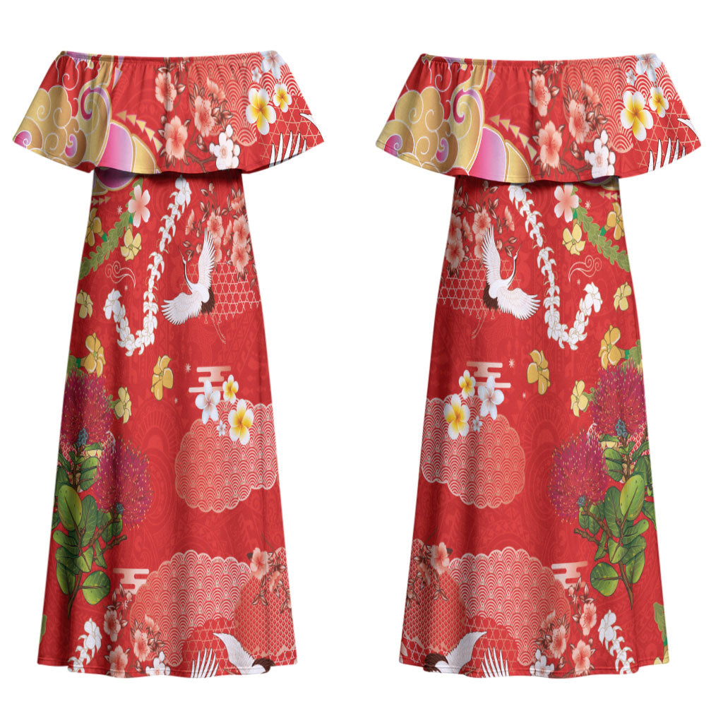 Hawaiian and Japanese Culture Together Family Matching Off Shoulder Maxi Dress and Hawaiian Shirt Kakau Tribal Pattern and Irezumi Art Red Color
