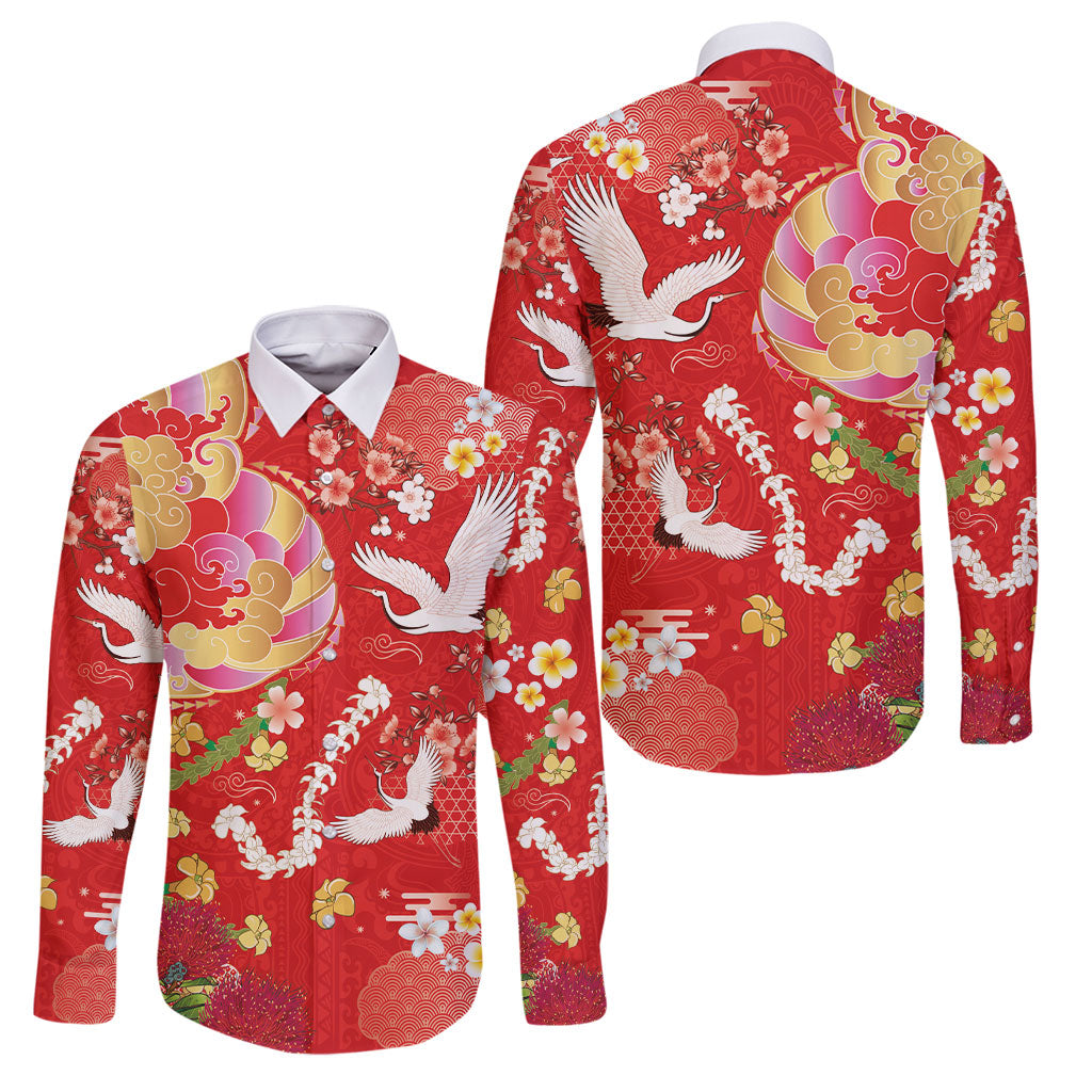 Hawaiian and Japanese Culture Together Family Matching Off Shoulder Maxi Dress and Hawaiian Shirt Kakau Tribal Pattern and Irezumi Art Red Color