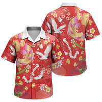 Hawaiian and Japanese Culture Together Family Matching Off Shoulder Short Dress and Hawaiian Shirt Kakau Tribal Pattern and Irezumi Art Red Color
