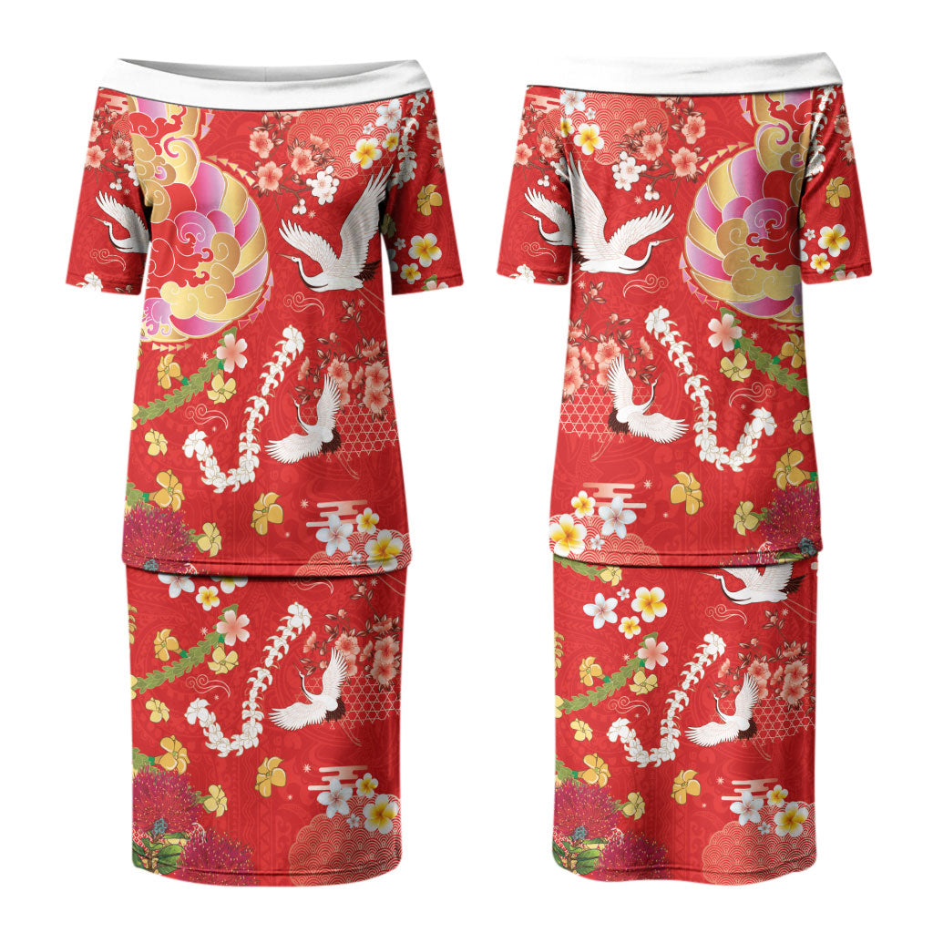 Hawaiian and Japanese Culture Together Family Matching Puletasi and Hawaiian Shirt Kakau Tribal Pattern and Irezumi Art Red Color