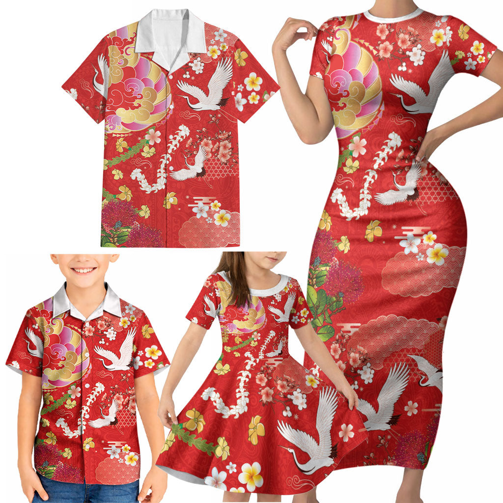 Hawaiian and Japanese Culture Together Family Matching Short Sleeve Bodycon Dress and Hawaiian Shirt Kakau Tribal Pattern and Irezumi Art Red Color