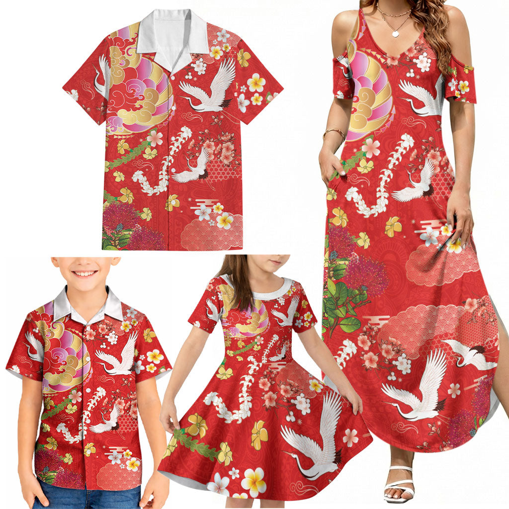 Hawaiian and Japanese Culture Together Family Matching Summer Maxi Dress and Hawaiian Shirt Kakau Tribal Pattern and Irezumi Art Red Color