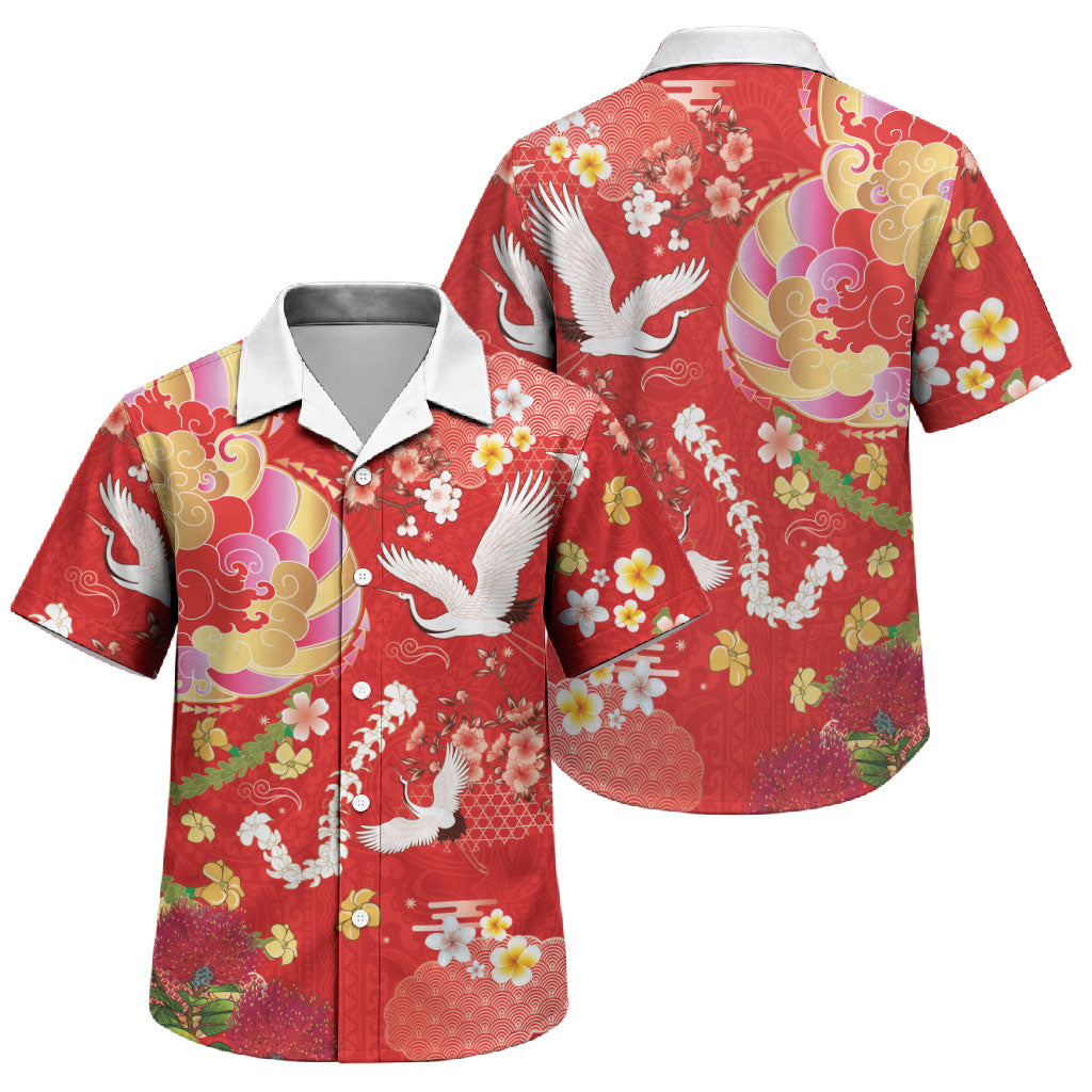 Hawaiian and Japanese Culture Together Family Matching Summer Maxi Dress and Hawaiian Shirt Kakau Tribal Pattern and Irezumi Art Red Color