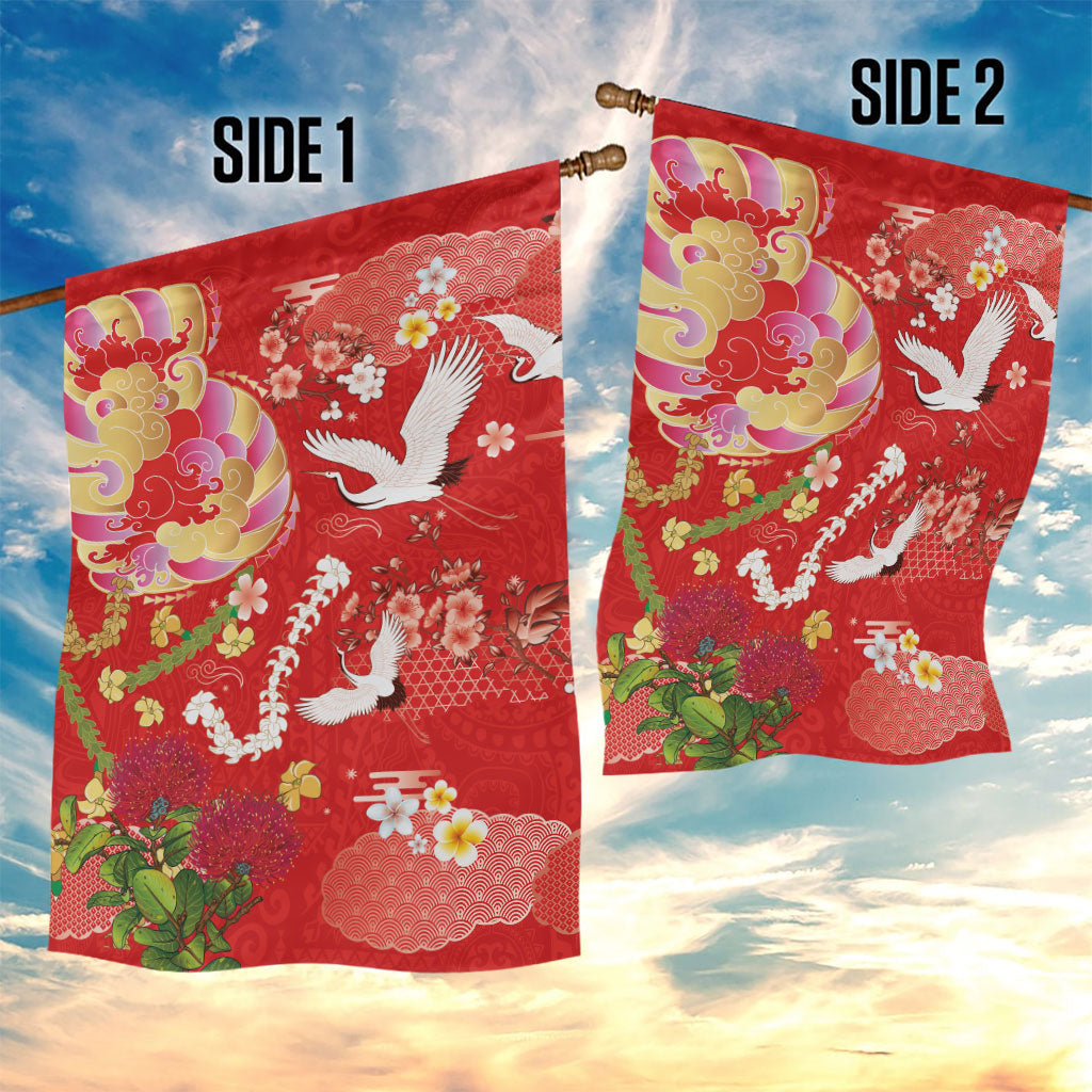 Hawaiian and Japanese Culture Together Garden Flag Kakau Tribal Pattern and Irezumi Art Red Color