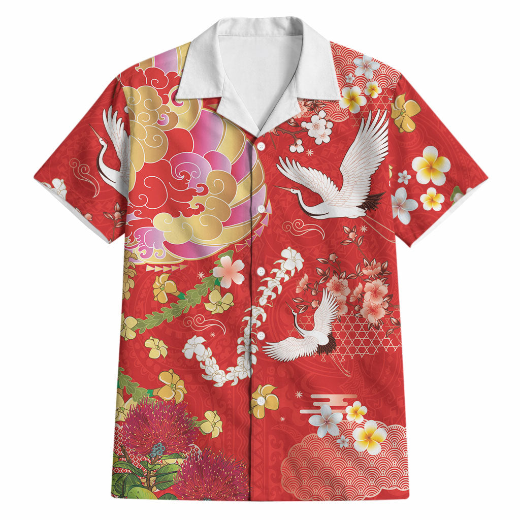 Hawaiian and Japanese Culture Together Hawaiian Shirt Kakau Tribal Pattern and Irezumi Art Red Color