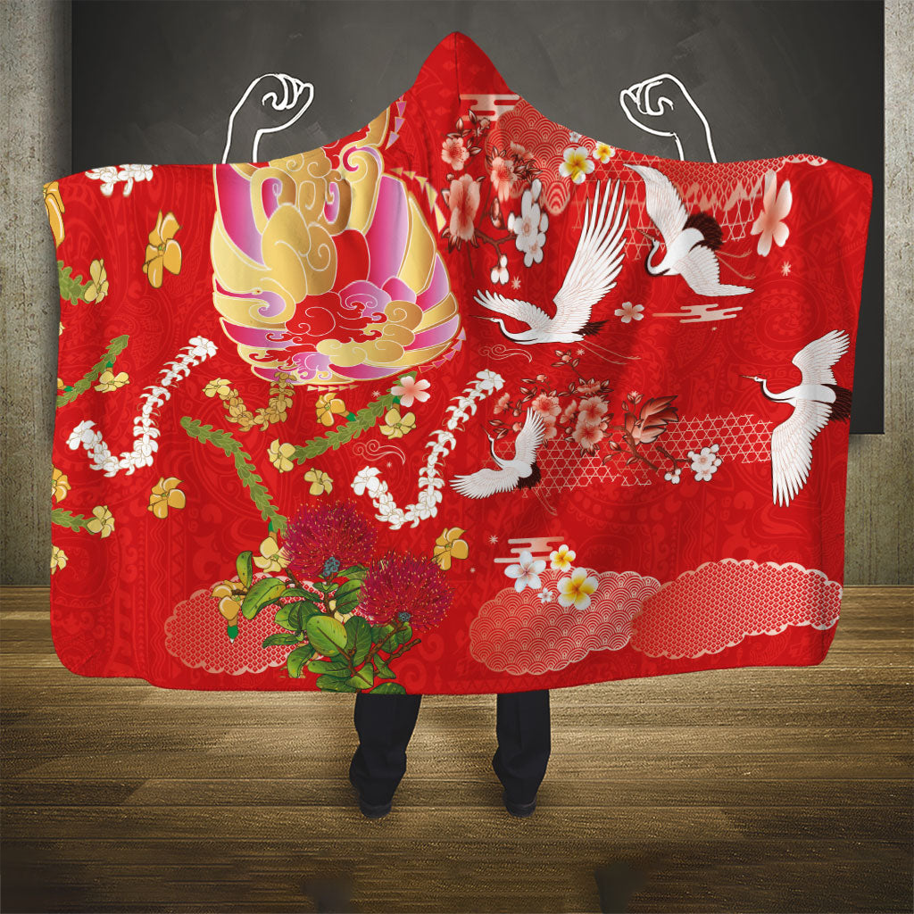 Hawaiian and Japanese Culture Together Hooded Blanket Kakau Tribal Pattern and Irezumi Art Red Color
