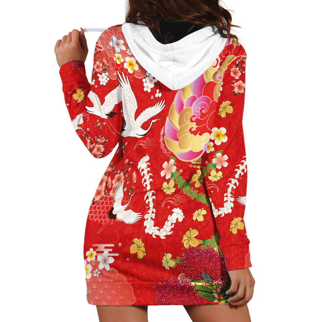 Hawaiian and Japanese Culture Together Hoodie Dress Kakau Tribal Pattern and Irezumi Art Red Color