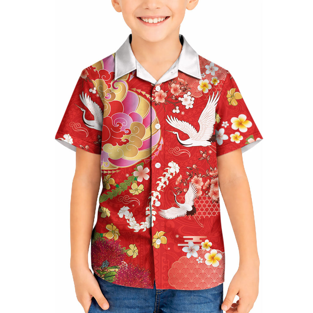 Hawaiian and Japanese Culture Together Kid Hawaiian Shirt Kakau Tribal Pattern and Irezumi Art Red Color