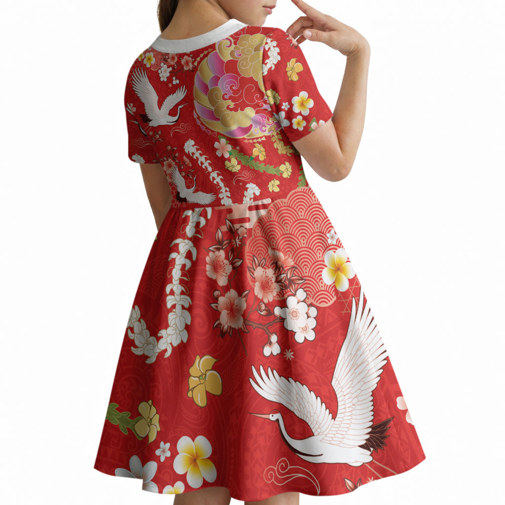 Hawaiian and Japanese Culture Together Kid Short Sleeve Dress Kakau Tribal Pattern and Irezumi Art Red Color