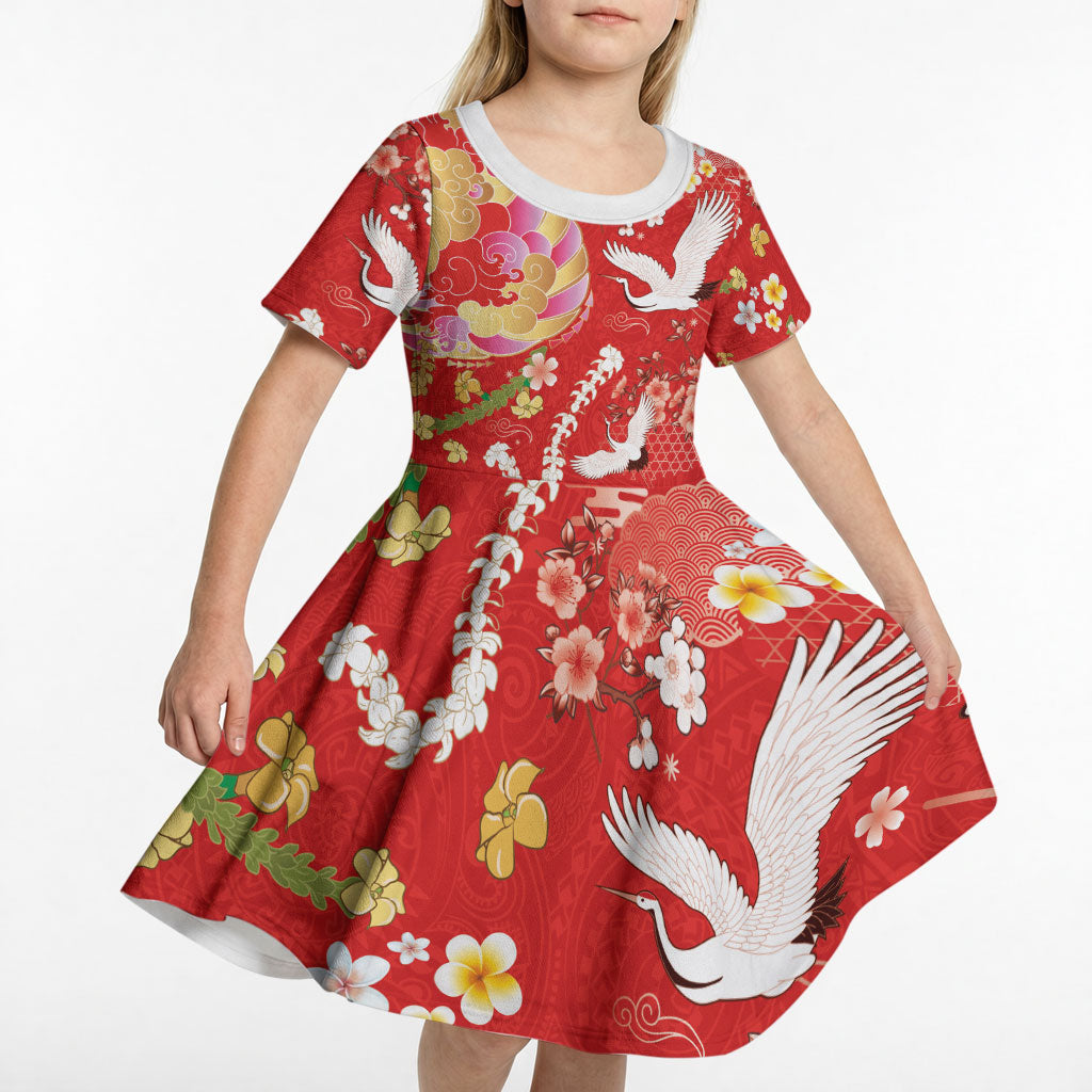 Hawaiian and Japanese Culture Together Kid Short Sleeve Dress Kakau Tribal Pattern and Irezumi Art Red Color