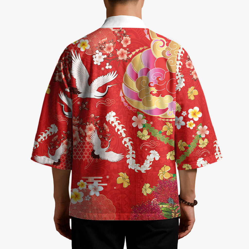 Hawaiian and Japanese Culture Together Kimono Kakau Tribal Pattern and Irezumi Art Red Color