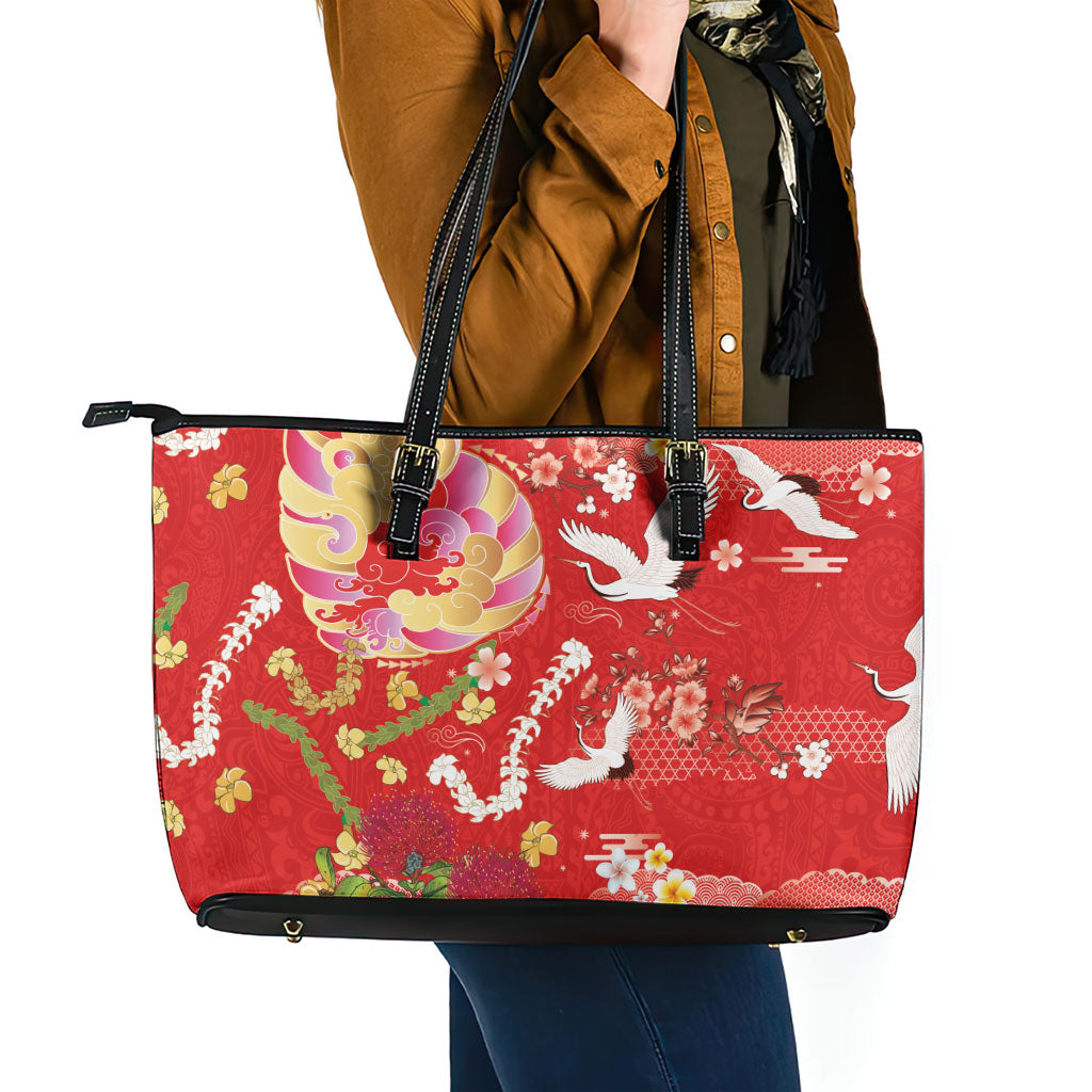 Hawaiian and Japanese Culture Together Leather Tote Bag Kakau Tribal Pattern and Irezumi Art Red Color