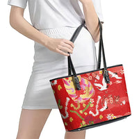 Hawaiian and Japanese Culture Together Leather Tote Bag Kakau Tribal Pattern and Irezumi Art Red Color