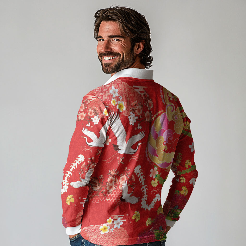 Hawaiian and Japanese Culture Together Long Sleeve Polo Shirt Kakau Tribal Pattern and Irezumi Art Red Color
