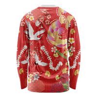 Hawaiian and Japanese Culture Together Long Sleeve Shirt Kakau Tribal Pattern and Irezumi Art Red Color