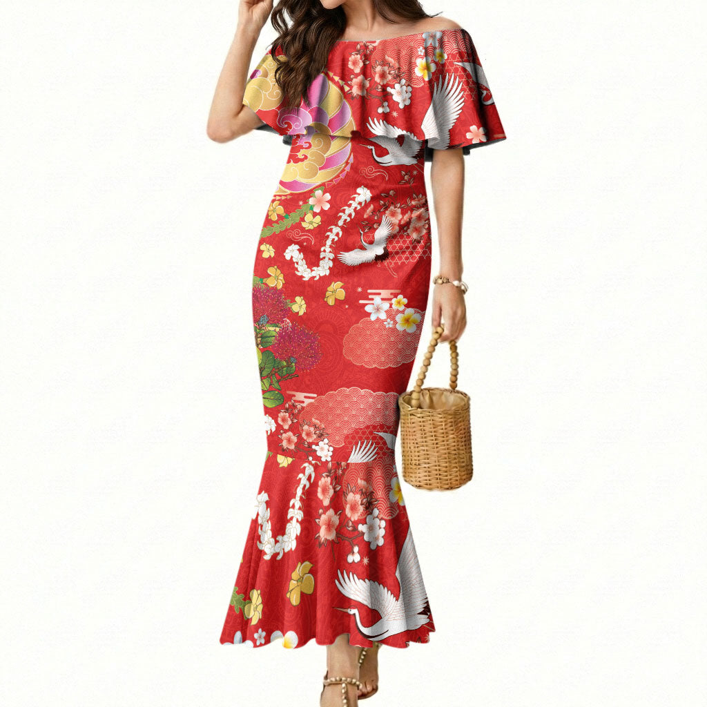Hawaiian and Japanese Culture Together Mermaid Dress Kakau Tribal Pattern and Irezumi Art Red Color