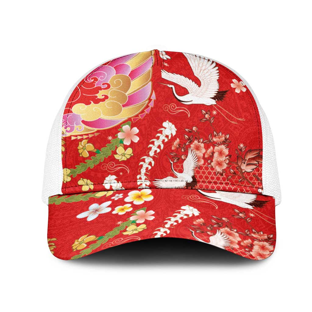 Hawaiian and Japanese Culture Together Mesh Trucker Cap Kakau Tribal Pattern and Irezumi Art Red Color LT03 One Size White Red - Polynesian Pride