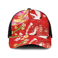 Hawaiian and Japanese Culture Together Mesh Trucker Cap Kakau Tribal Pattern and Irezumi Art Red Color