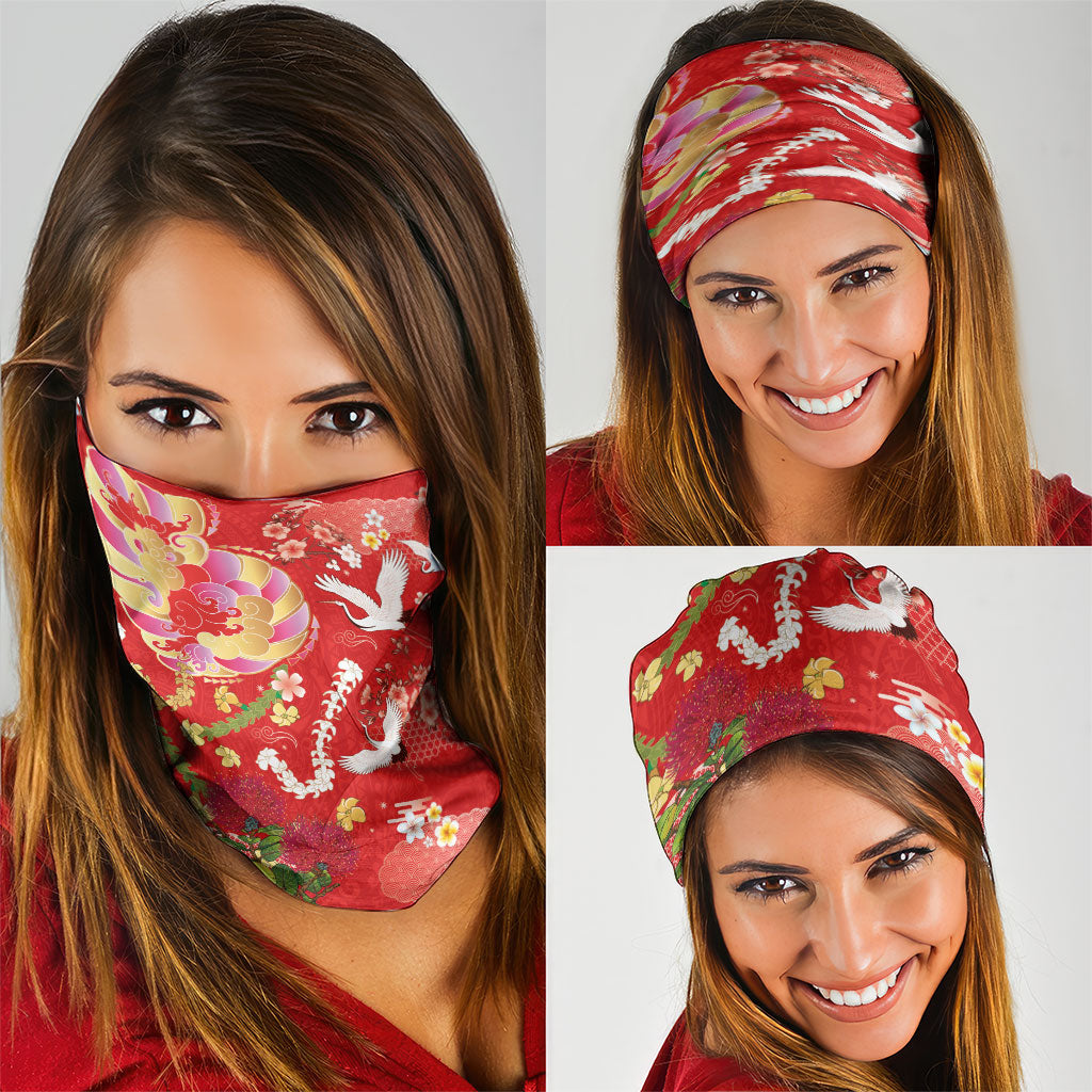 Hawaiian and Japanese Culture Together Neck Gaiter Kakau Tribal Pattern and Irezumi Art Red Color