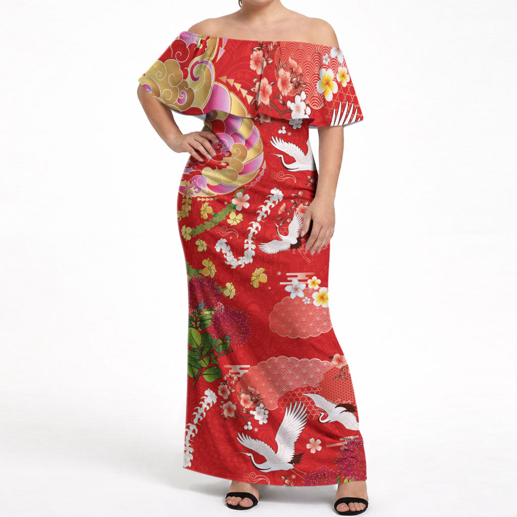 Hawaiian and Japanese Culture Together Off Shoulder Maxi Dress Kakau Tribal Pattern and Irezumi Art Red Color