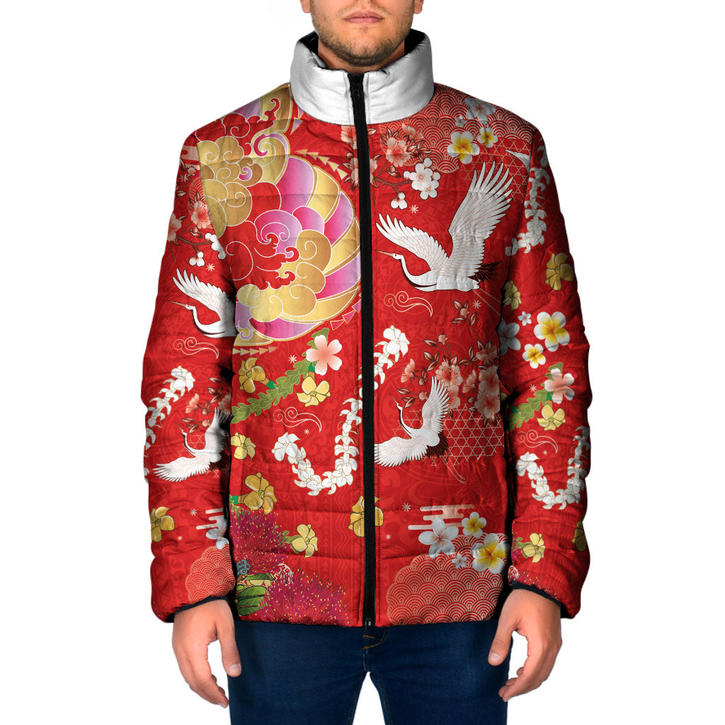 Hawaiian and Japanese Culture Together Padded Jacket Kakau Tribal Pattern and Irezumi Art Red Color