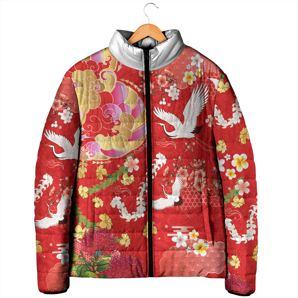 Hawaiian and Japanese Culture Together Padded Jacket Kakau Tribal Pattern and Irezumi Art Red Color