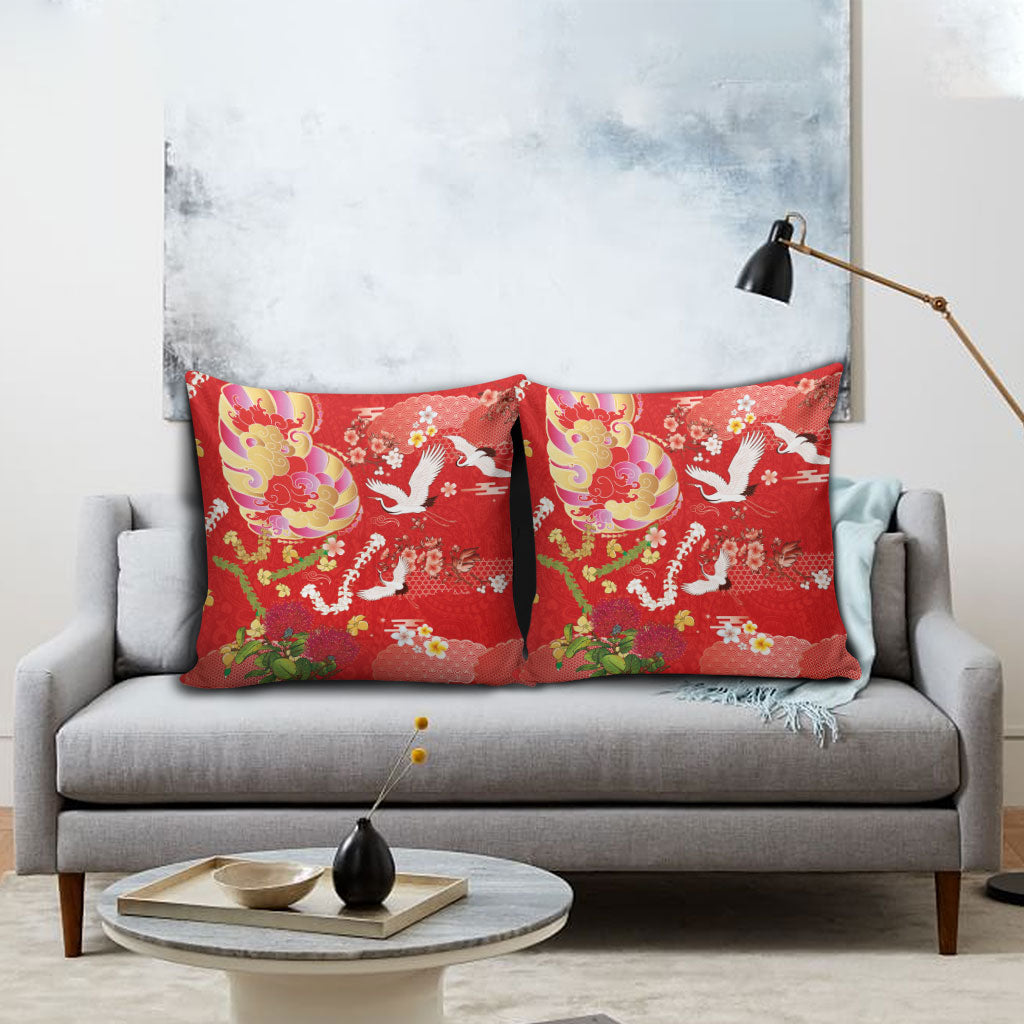 Hawaiian and Japanese Culture Together Pillow Cover Kakau Tribal Pattern and Irezumi Art Red Color