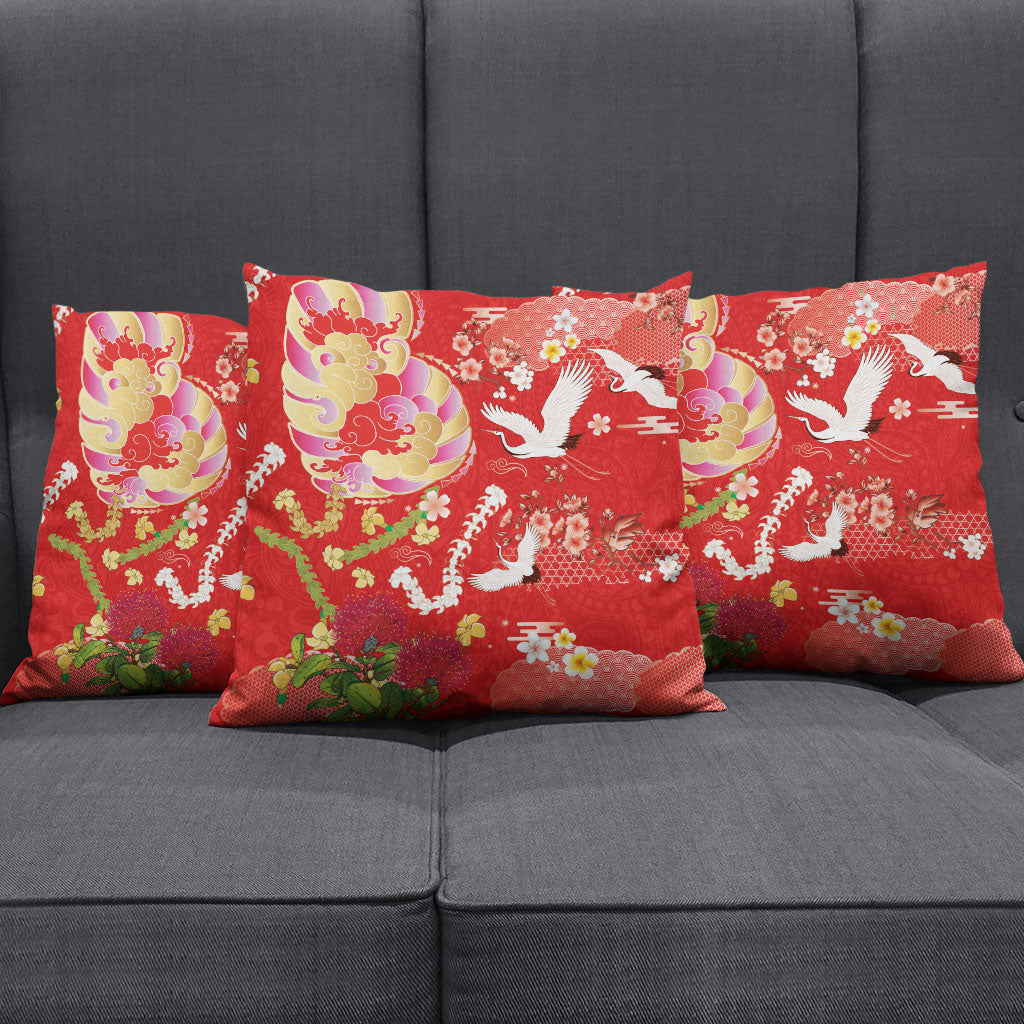 Hawaiian and Japanese Culture Together Pillow Cover Kakau Tribal Pattern and Irezumi Art Red Color