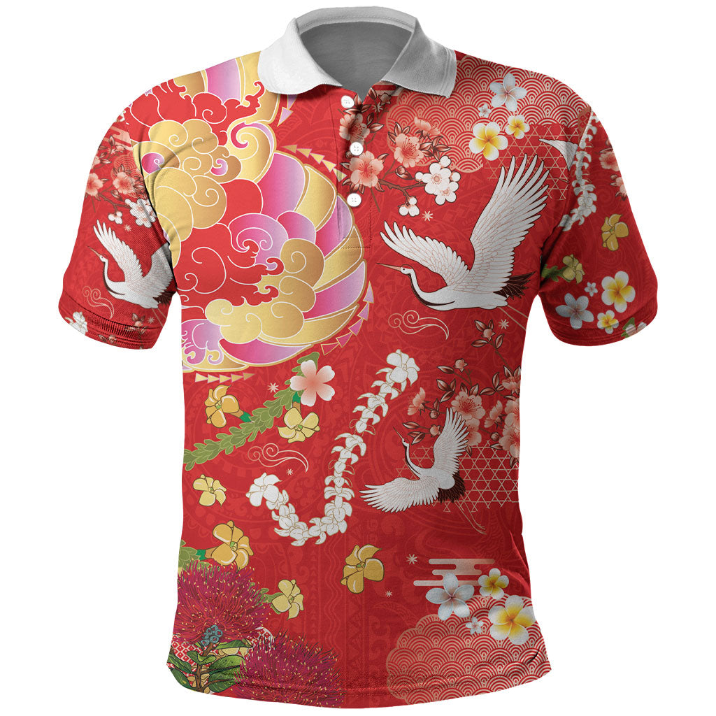 Hawaiian and Japanese Culture Together Polo Shirt Kakau Tribal Pattern and Irezumi Art Red Color LT03 Red - Polynesian Pride
