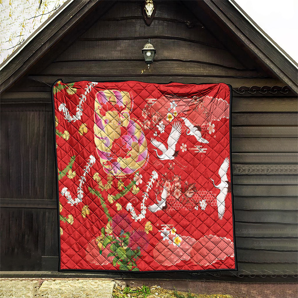 Hawaiian and Japanese Culture Together Quilt Kakau Tribal Pattern and Irezumi Art Red Color