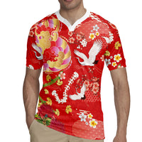 Hawaiian and Japanese Culture Together Rugby Jersey Kakau Tribal Pattern and Irezumi Art Red Color