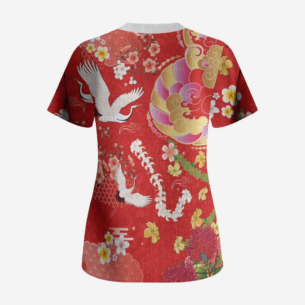 Hawaiian and Japanese Culture Together Scrub Top Kakau Tribal Pattern and Irezumi Art Red Color