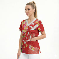 Hawaiian and Japanese Culture Together Scrub Top Kakau Tribal Pattern and Irezumi Art Red Color