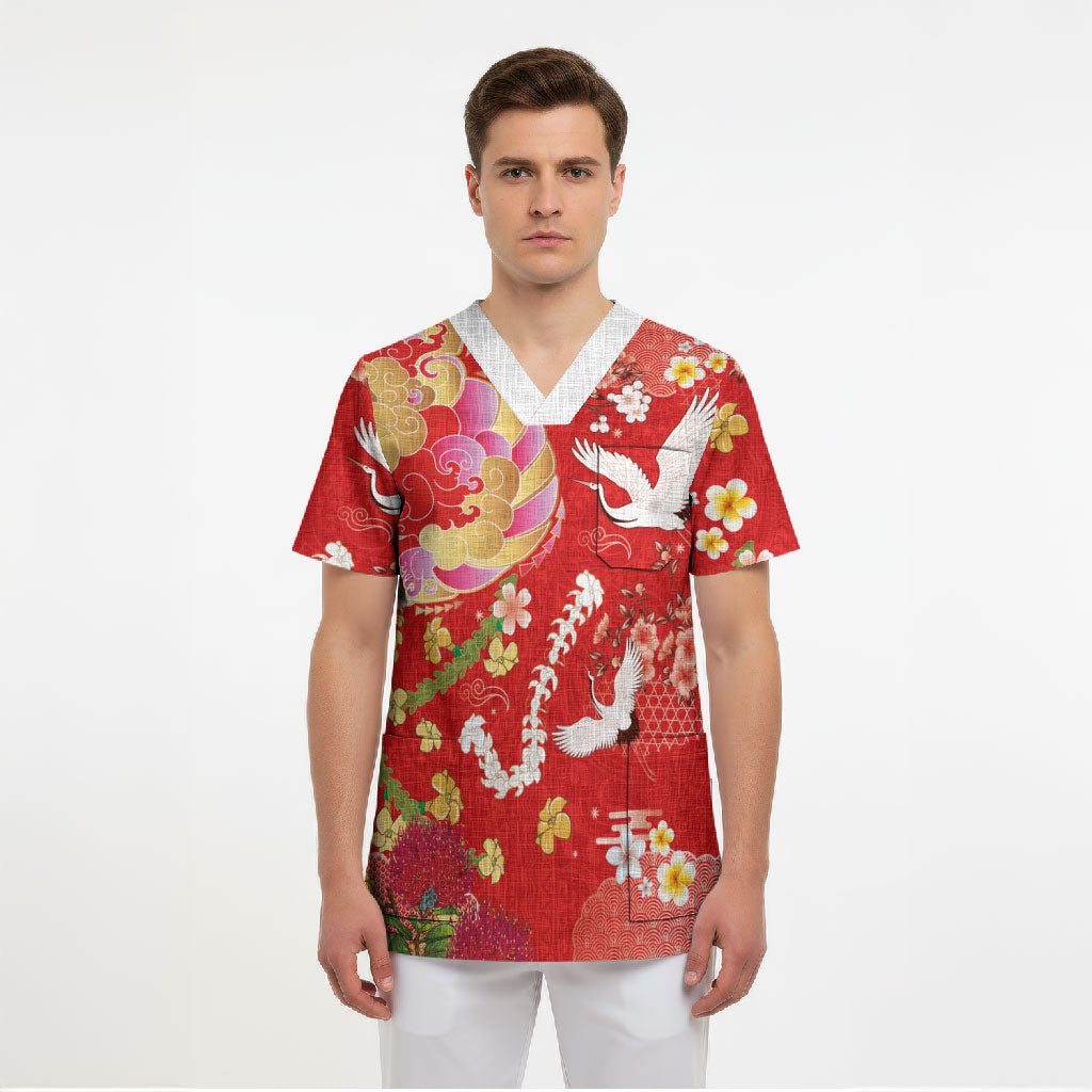 Hawaiian and Japanese Culture Together Scrub Top Kakau Tribal Pattern and Irezumi Art Red Color