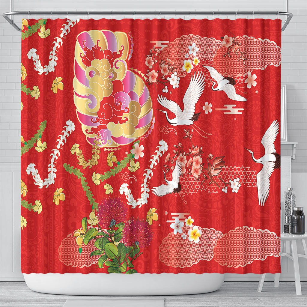 Hawaiian and Japanese Culture Together Shower Curtain Kakau Tribal Pattern and Irezumi Art Red Color