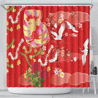 Hawaiian and Japanese Culture Together Shower Curtain Kakau Tribal Pattern and Irezumi Art Red Color