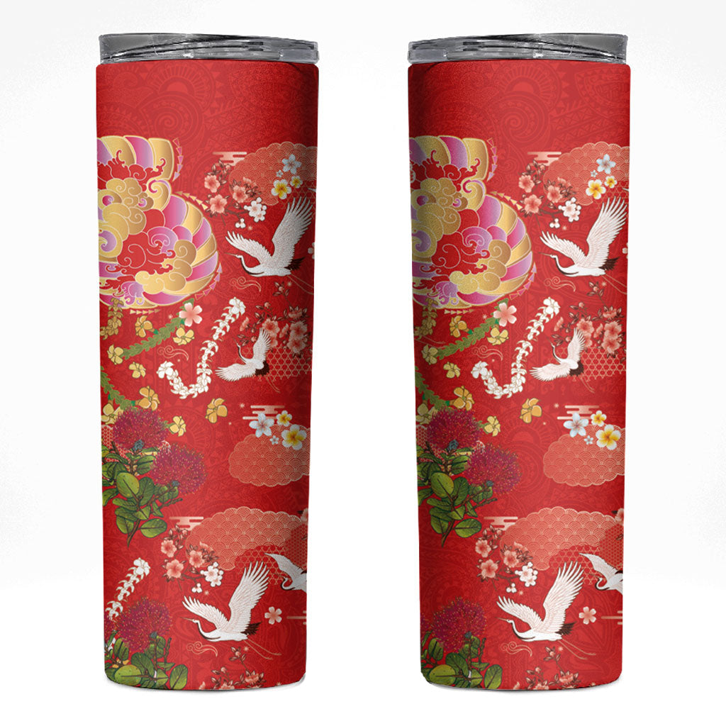 Hawaiian and Japanese Culture Together Skinny Tumbler Kakau Tribal Pattern and Irezumi Art Red Color