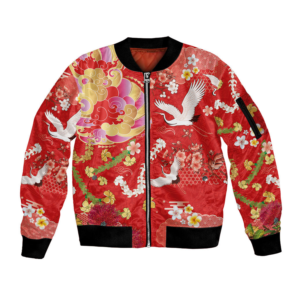 Hawaiian and Japanese Culture Together Sleeve Zip Bomber Jacket Kakau Tribal Pattern and Irezumi Art Red Color LT03 Unisex Red - Polynesian Pride