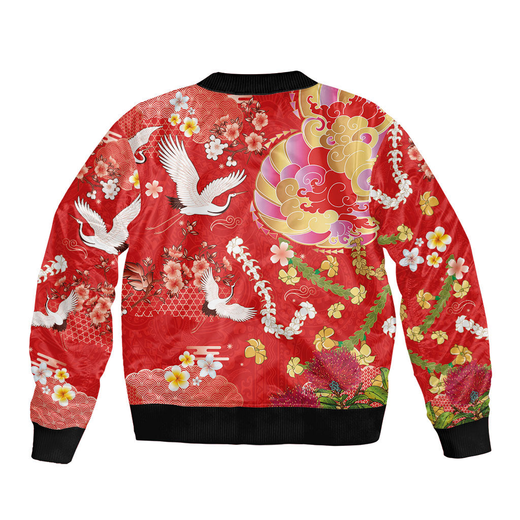 Hawaiian and Japanese Culture Together Sleeve Zip Bomber Jacket Kakau Tribal Pattern and Irezumi Art Red Color