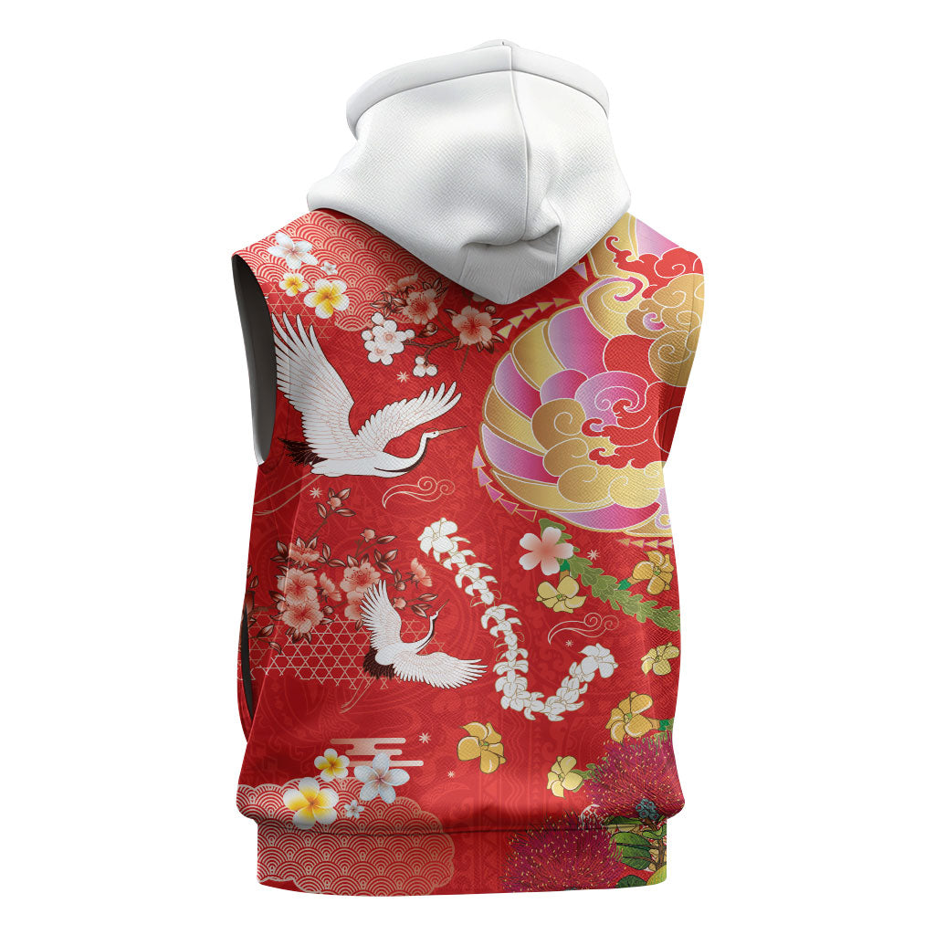 Hawaiian and Japanese Culture Together Sleeveless Hoodie Kakau Tribal Pattern and Irezumi Art Red Color