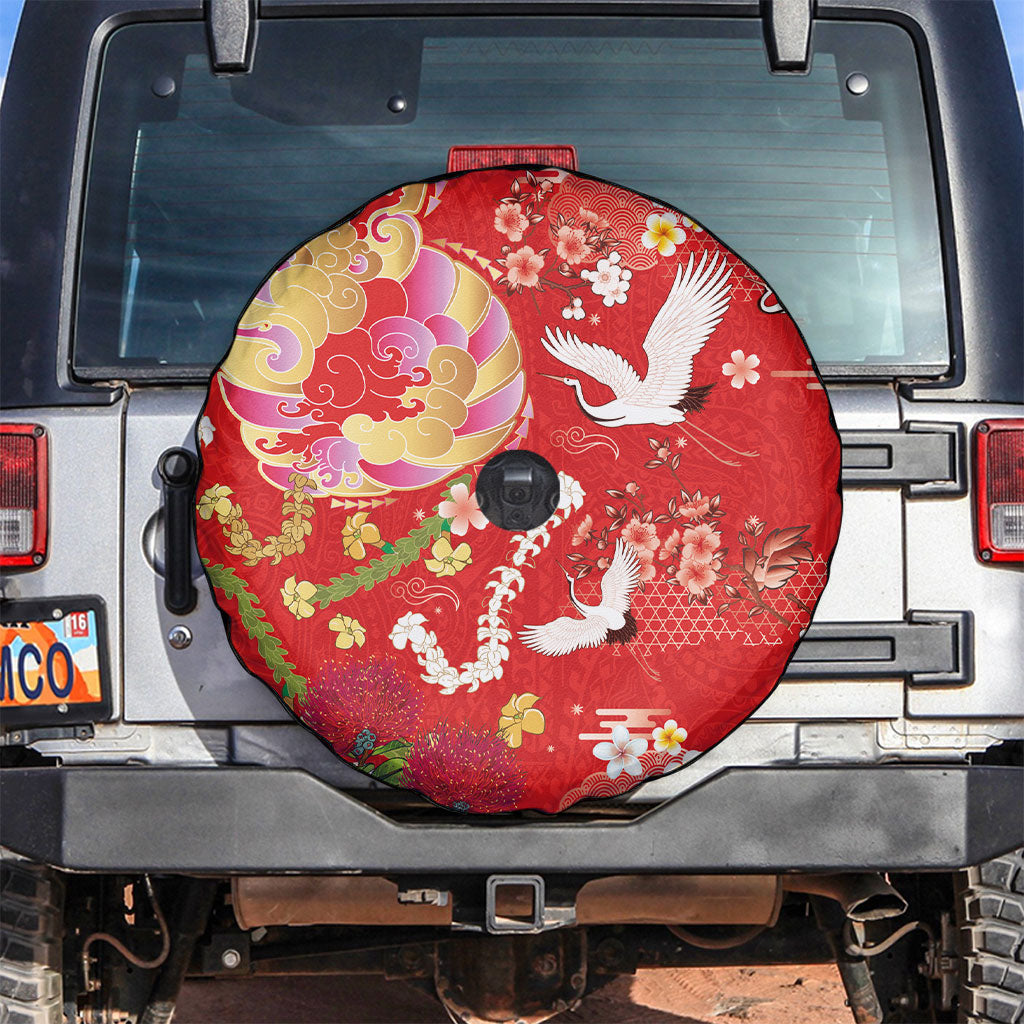 Hawaiian and Japanese Culture Together Spare Tire Cover Kakau Tribal Pattern and Irezumi Art Red Color