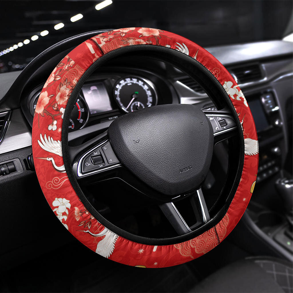 Hawaiian and Japanese Culture Together Steering Wheel Cover Kakau Tribal Pattern and Irezumi Art Red Color