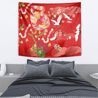 Hawaiian and Japanese Culture Together Tapestry Kakau Tribal Pattern and Irezumi Art Red Color