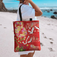 Hawaiian and Japanese Culture Together Tote Bag Kakau Tribal Pattern and Irezumi Art Red Color