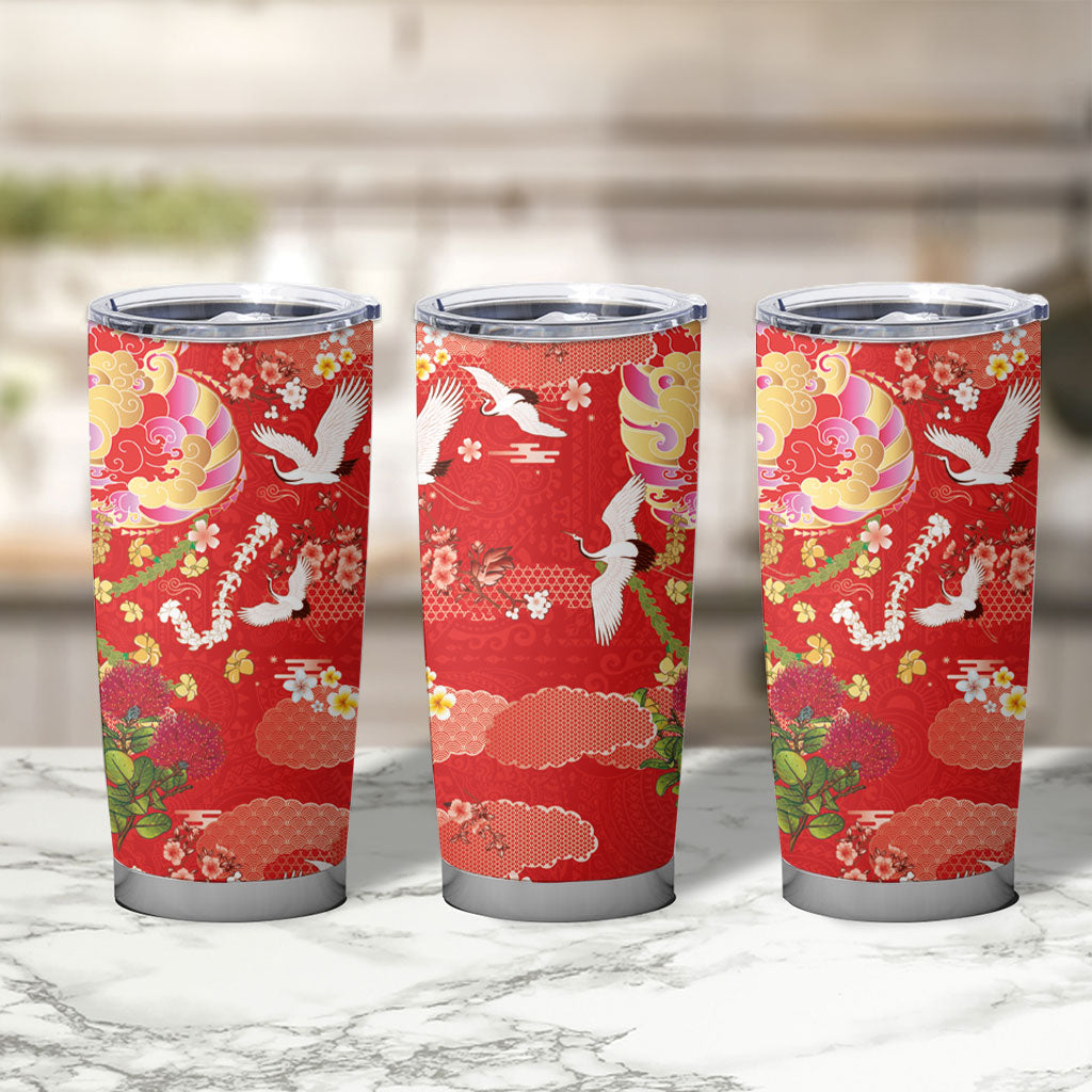 Hawaiian and Japanese Culture Together Tumbler Cup Kakau Tribal Pattern and Irezumi Art Red Color