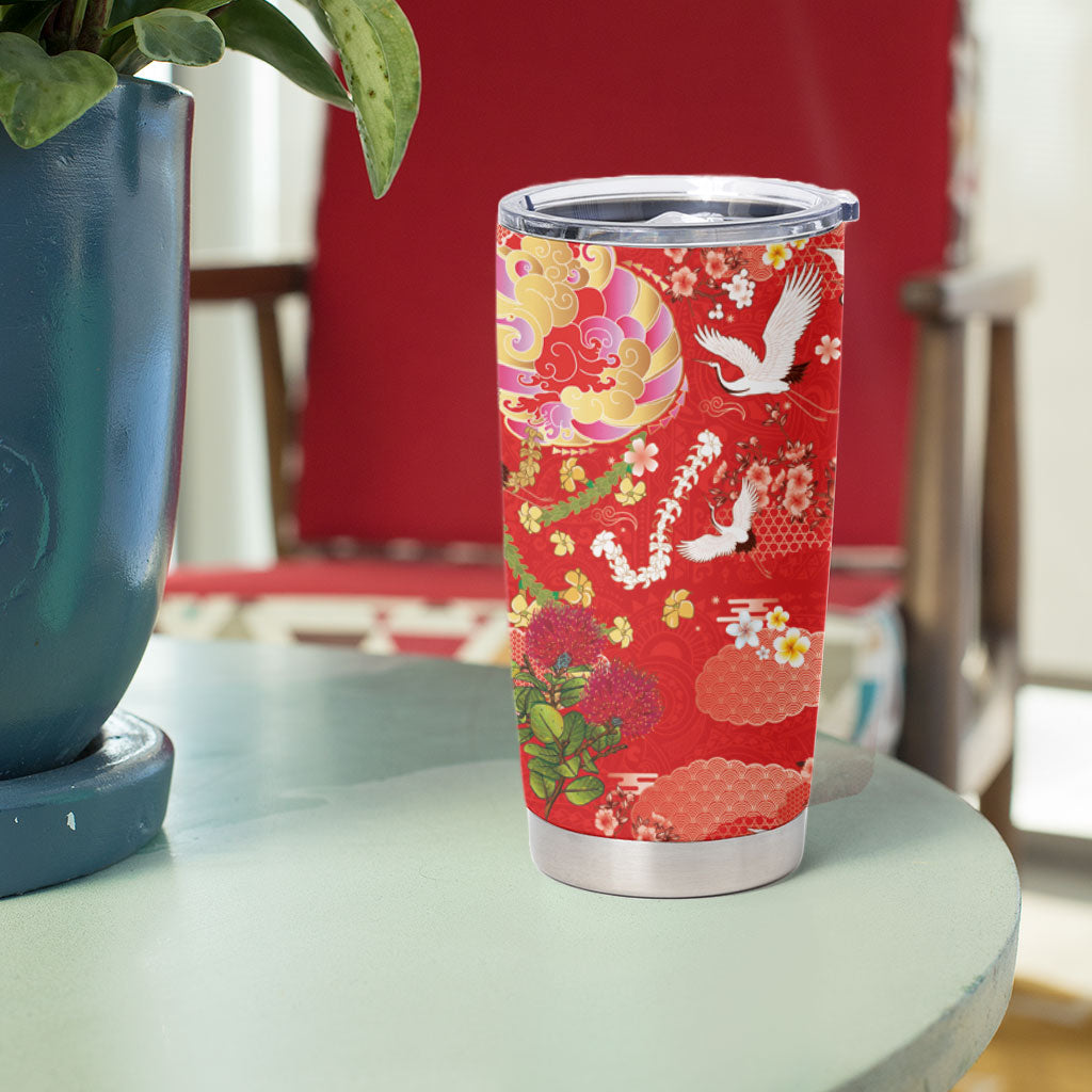 Hawaiian and Japanese Culture Together Tumbler Cup Kakau Tribal Pattern and Irezumi Art Red Color