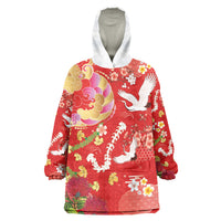 Hawaiian and Japanese Culture Together Wearable Blanket Hoodie Kakau Tribal Pattern and Irezumi Art Red Color