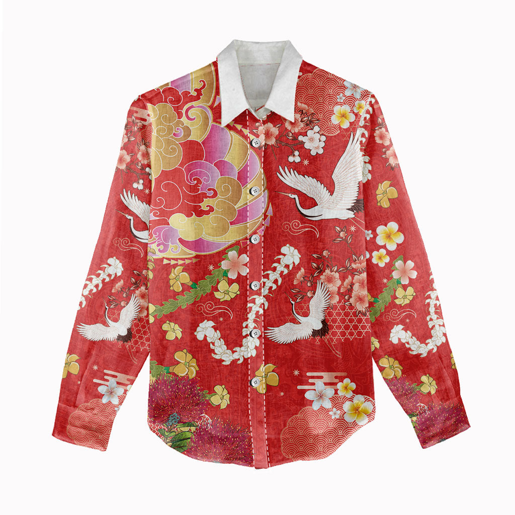 Hawaiian and Japanese Culture Together Women Casual Shirt Kakau Tribal Pattern and Irezumi Art Red Color