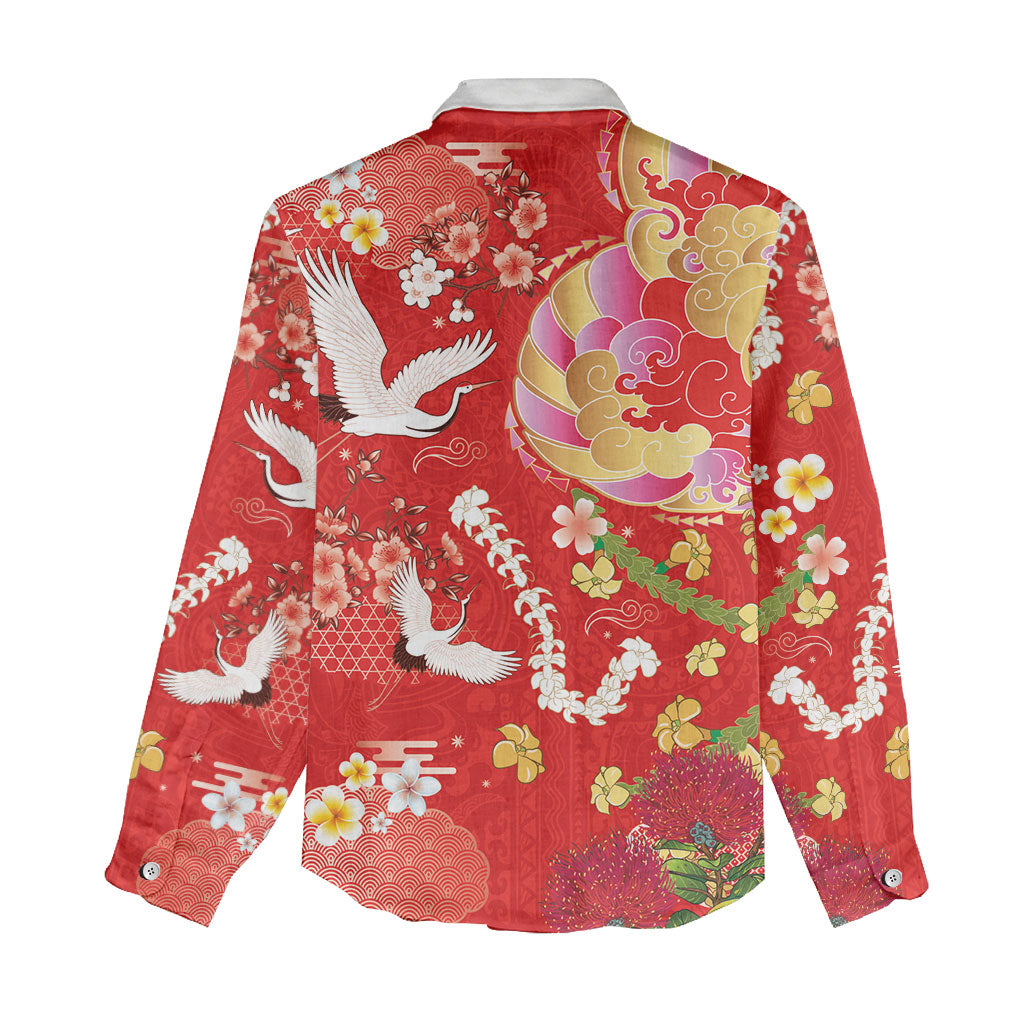 Hawaiian and Japanese Culture Together Women Casual Shirt Kakau Tribal Pattern and Irezumi Art Red Color
