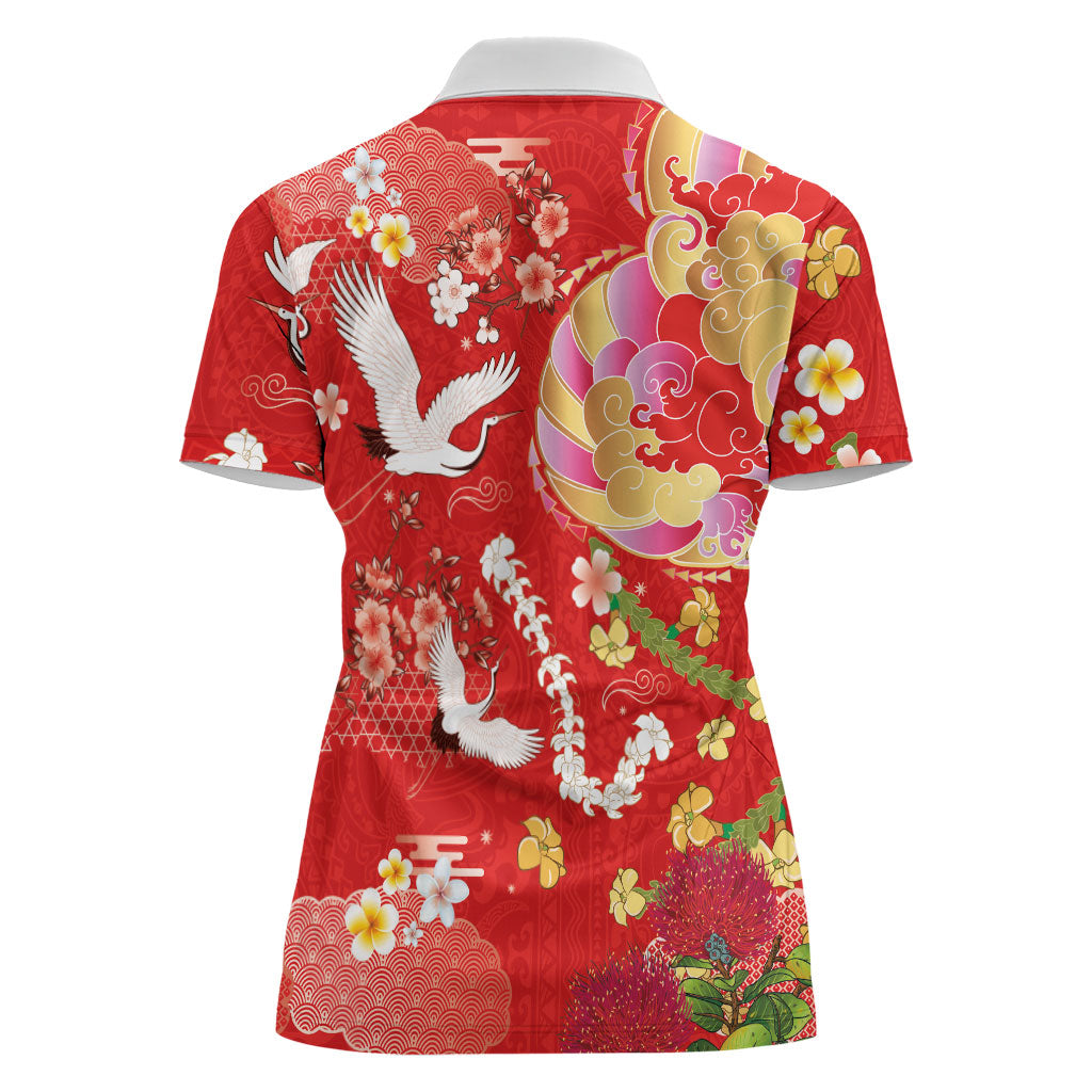 Hawaiian and Japanese Culture Together Women Polo Shirt Kakau Tribal Pattern and Irezumi Art Red Color